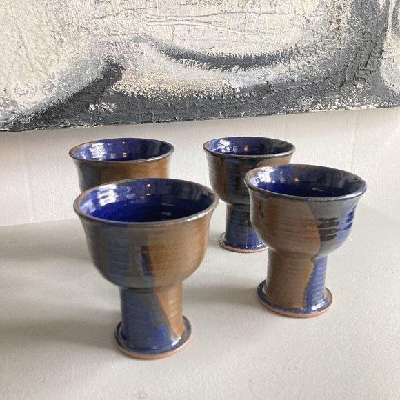 Handmade Other - Studio Stoneware Wine Goblets lot of 4 Art Pottery Chunky Foot Chalice Rustic H…
